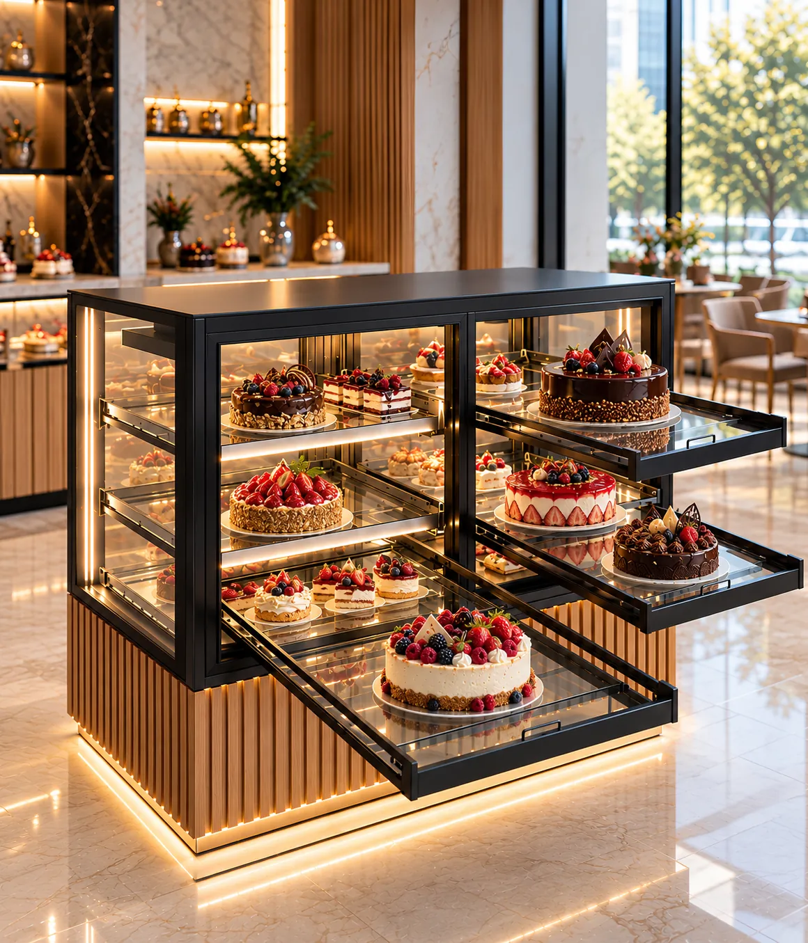 Next-generation cake display system with drawer shelves
